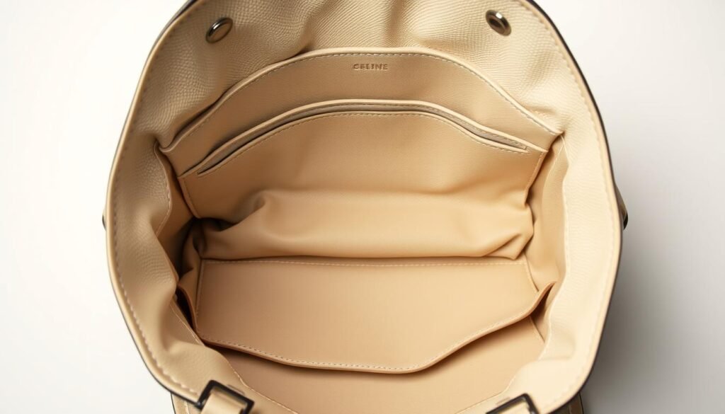 A high-quality interior view of the Celine 16 Bucket Bag, showcasing its practical design and versatile functionality. The bag is captured in soft, diffused lighting, highlighting the textured leather and its well-organized compartments. The main compartment is open, revealing a neatly arranged interior with various pockets and slip spaces, suitable for storing essential everyday items. The image emphasizes the bag's spacious yet structured layout, conveying its suitability for daily use. The composition creates a sense of depth, drawing the viewer's attention to the thoughtful organization and functionality of this sophisticated and functional accessory.