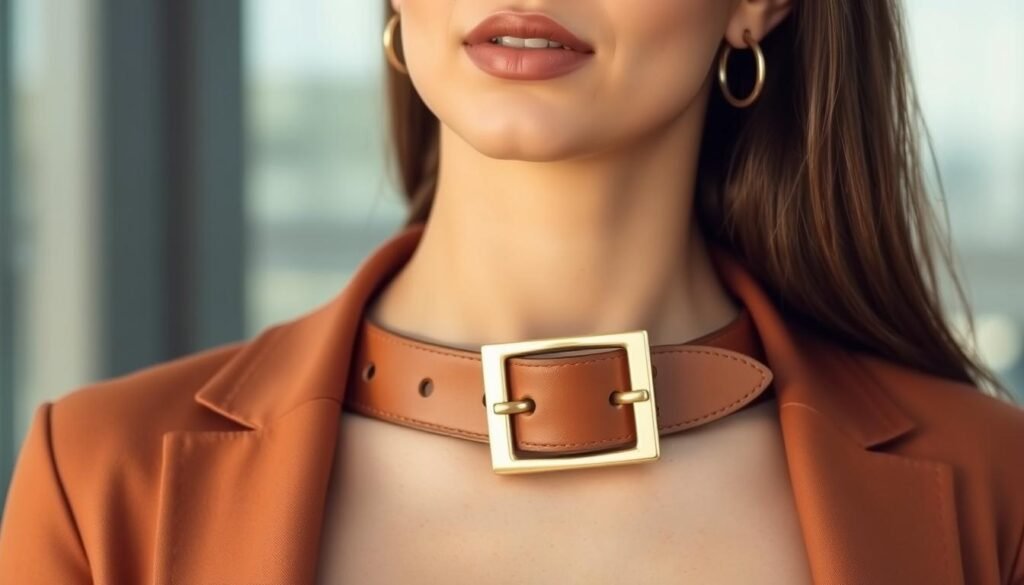 Image of a woman wearing a statement leather belt with a simple buckle in gold or silver.